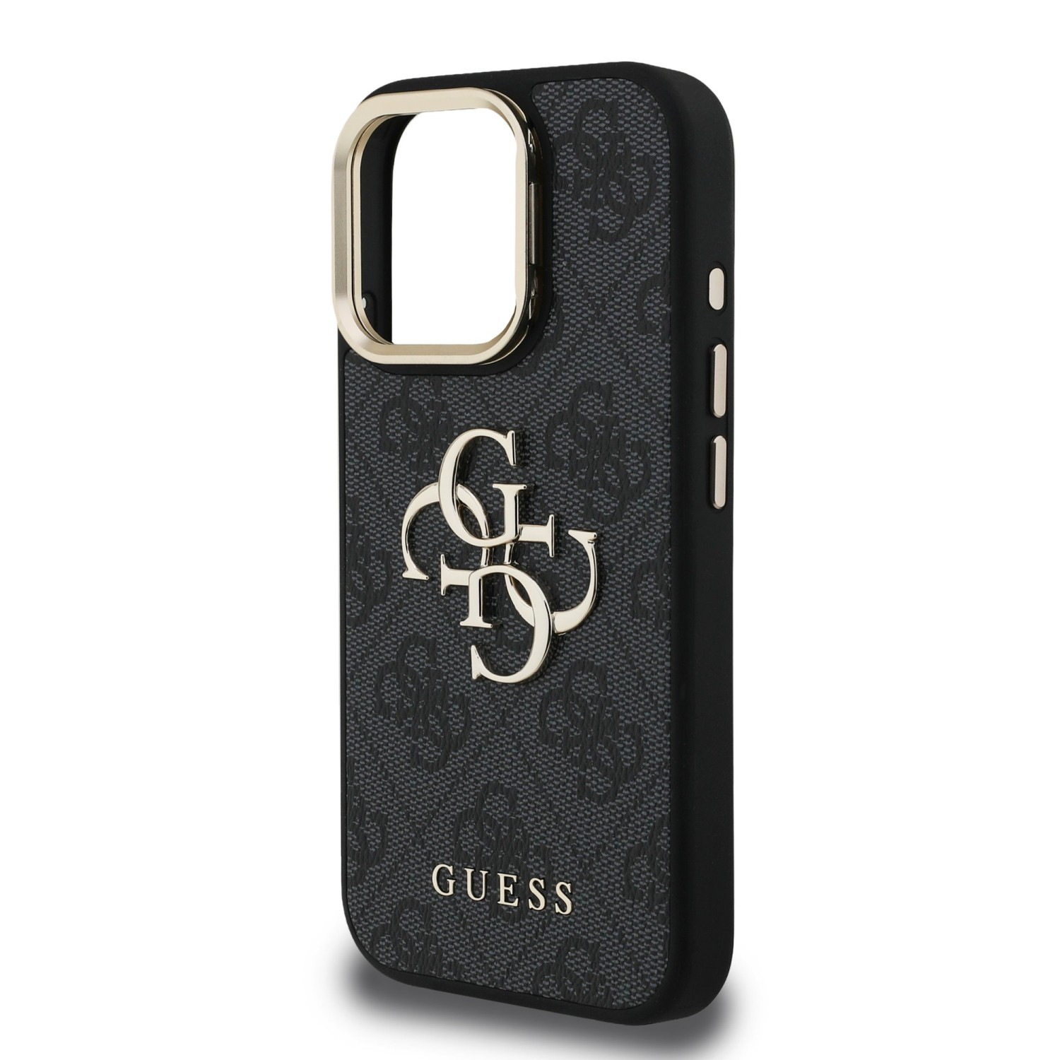 Guess PU 4G Metal Logo Stand Camera Frame Zadní Kryt pro iPhone 15 Pro Max Black