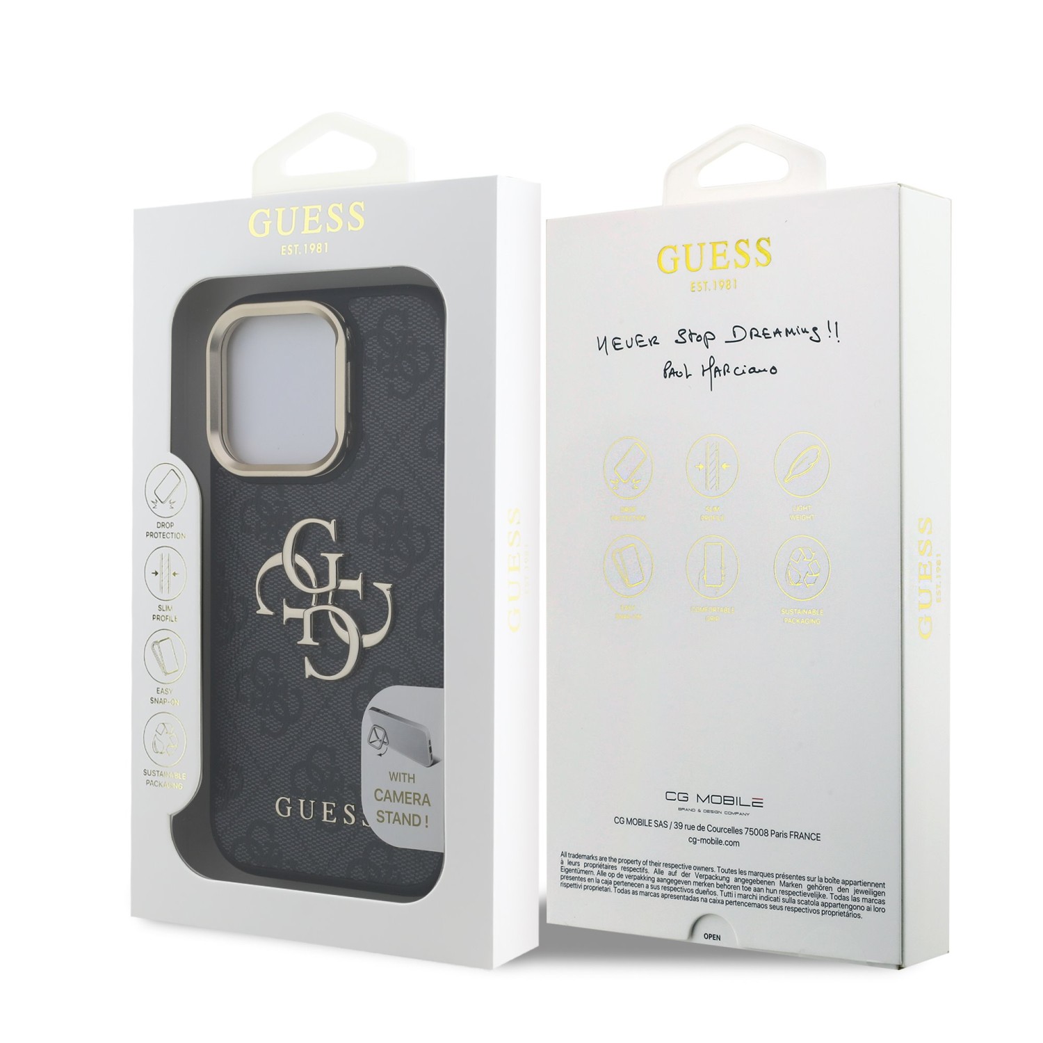 Guess PU 4G Metal Logo Stand Camera Frame Zadní Kryt pro iPhone 15 Pro Max Black