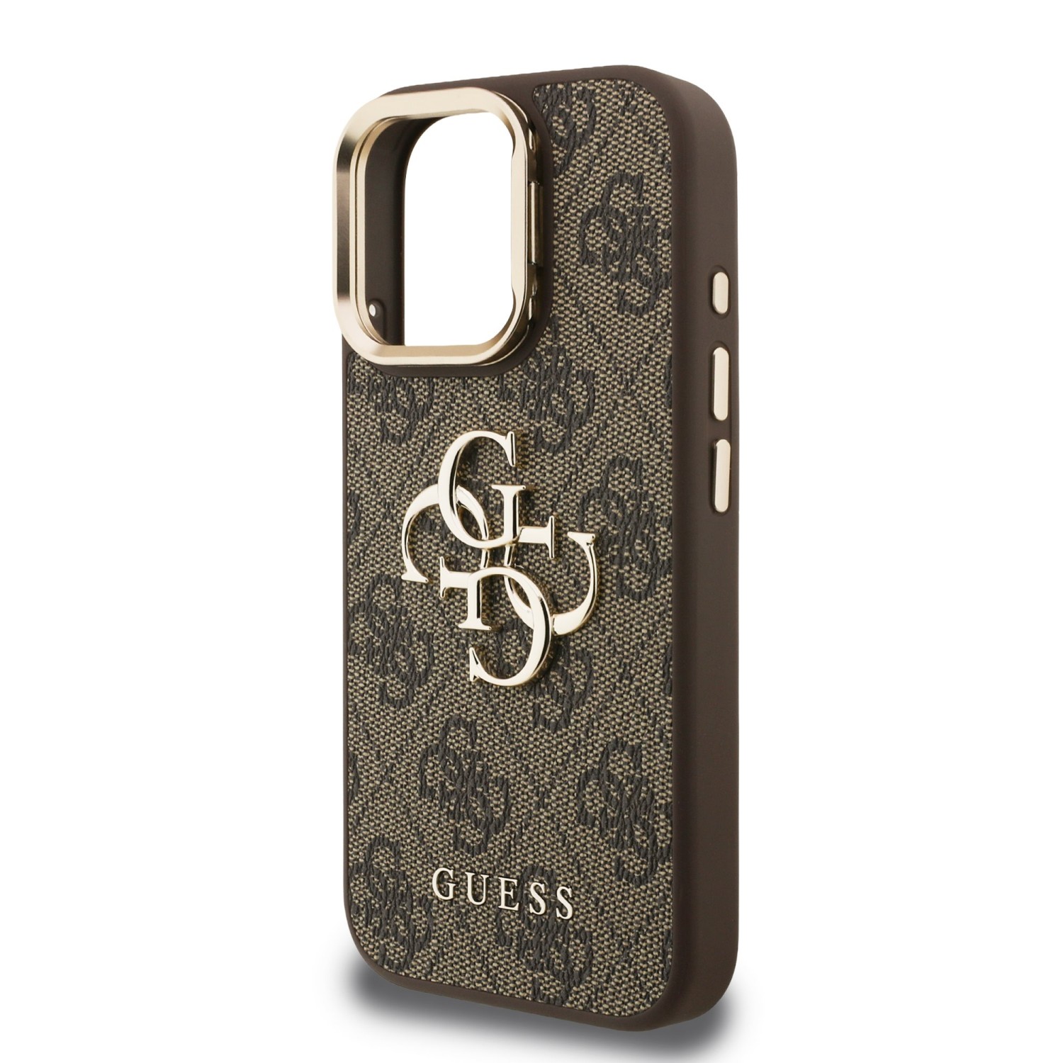 Guess PU 4G Metal Logo Stand Camera Frame Zadní Kryt pro iPhone 16 Pro Brown