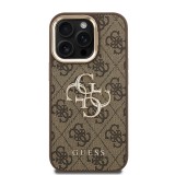 Guess PU 4G Metal Logo Stand Camera Frame Zadní Kryt pro iPhone 15 Pro Max Brown
