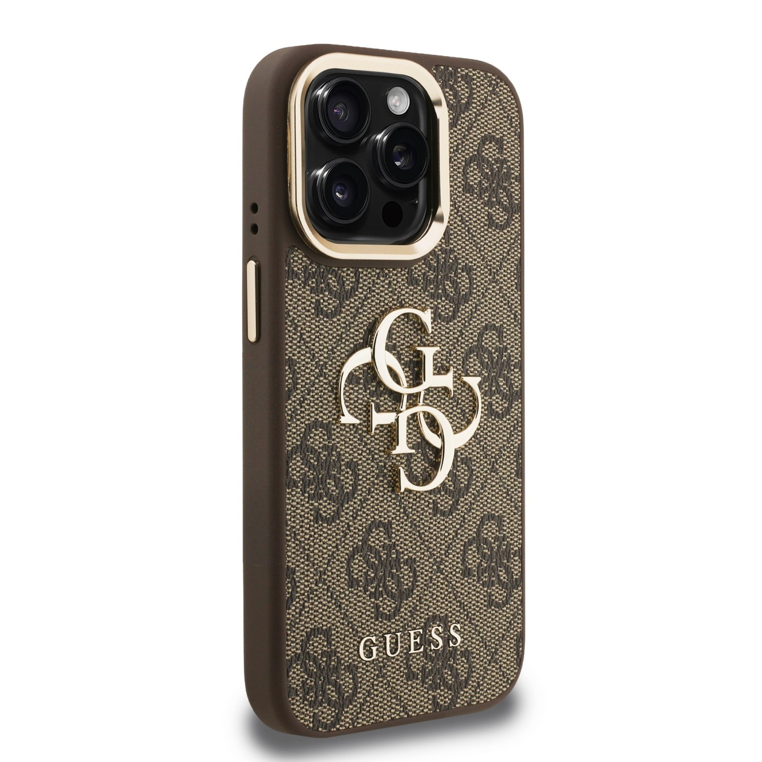 Guess PU 4G Metal Logo Stand Camera Frame Zadní Kryt pro iPhone 15 Pro Max Brown
