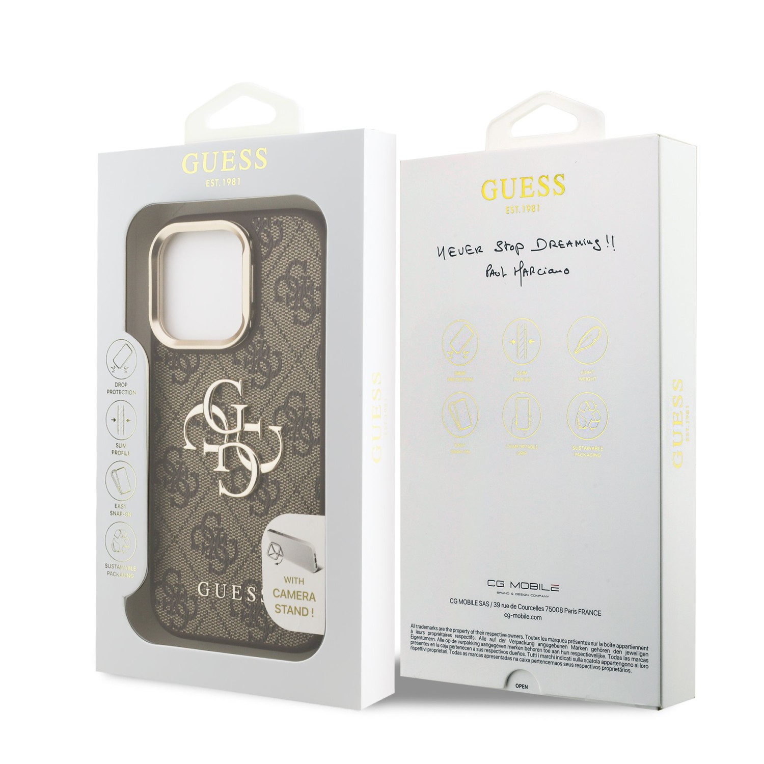 Guess PU 4G Metal Logo Stand Camera Frame Zadní Kryt pro iPhone 15 Pro Max Brown
