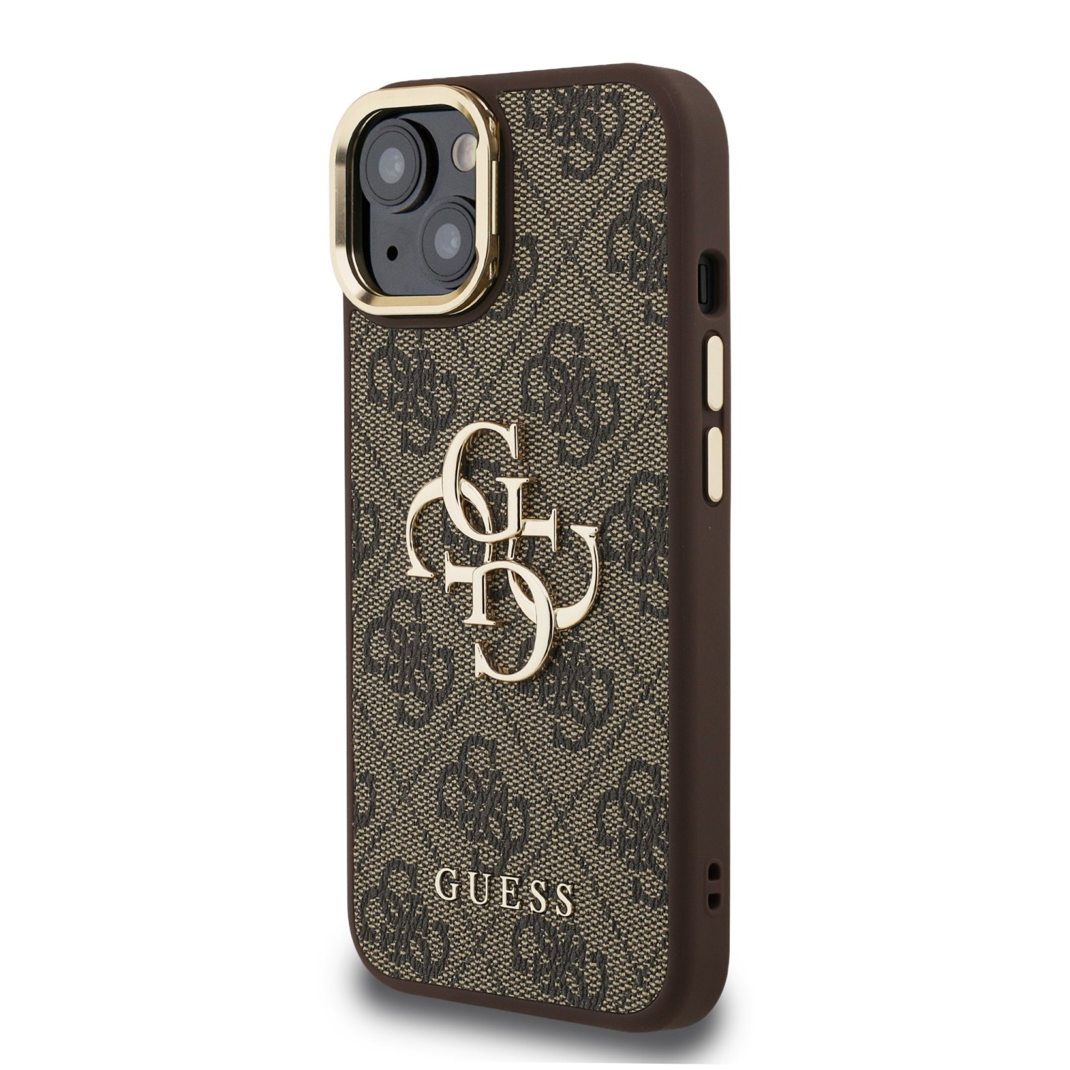 Guess PU 4G Metal Logo Stand Camera Frame Zadní Kryt pro iPhone 13 Brown