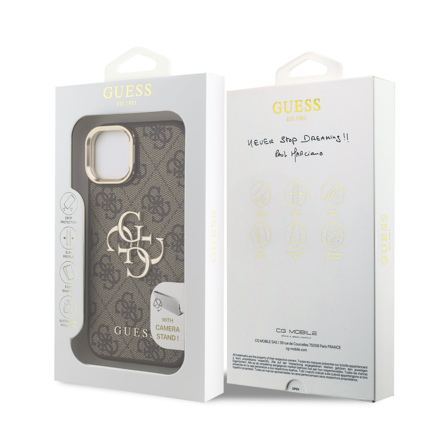 Guess PU 4G Metal Logo Stand Camera Frame Zadní Kryt pro iPhone 13 Brown