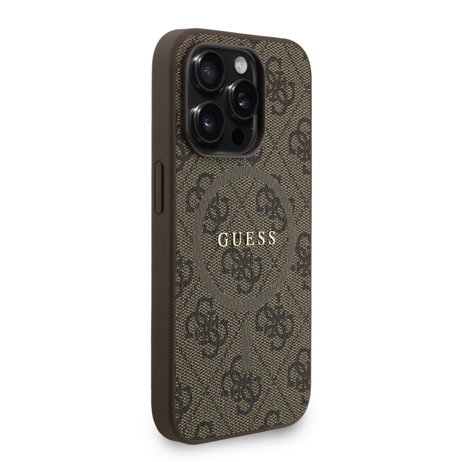 Guess PU Leather 4G Colored Ring Strap MagSafe Zadní Kryt pro iPhone 15 Pro Brown