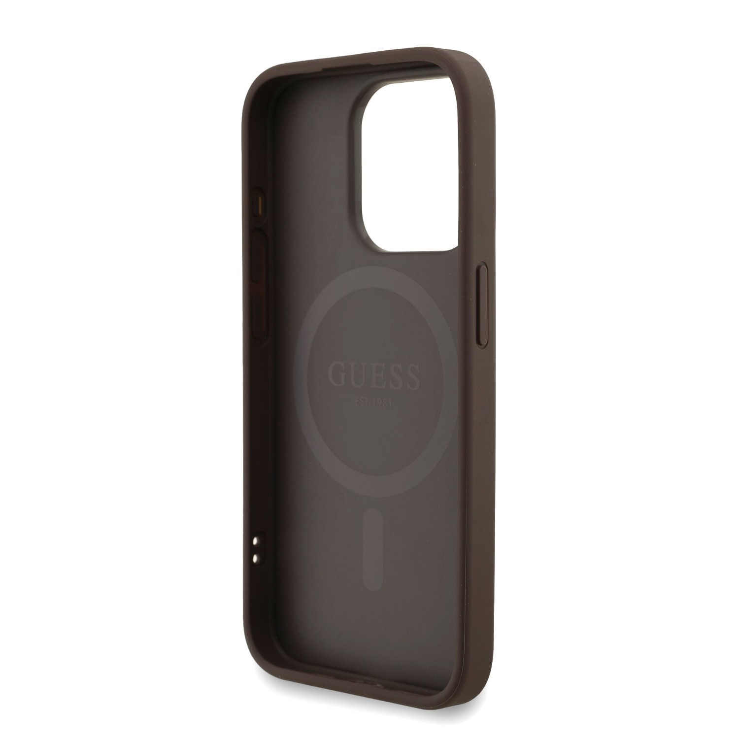 Guess PU Leather 4G Colored Ring Strap MagSafe Zadní Kryt pro iPhone 15 Pro Brown