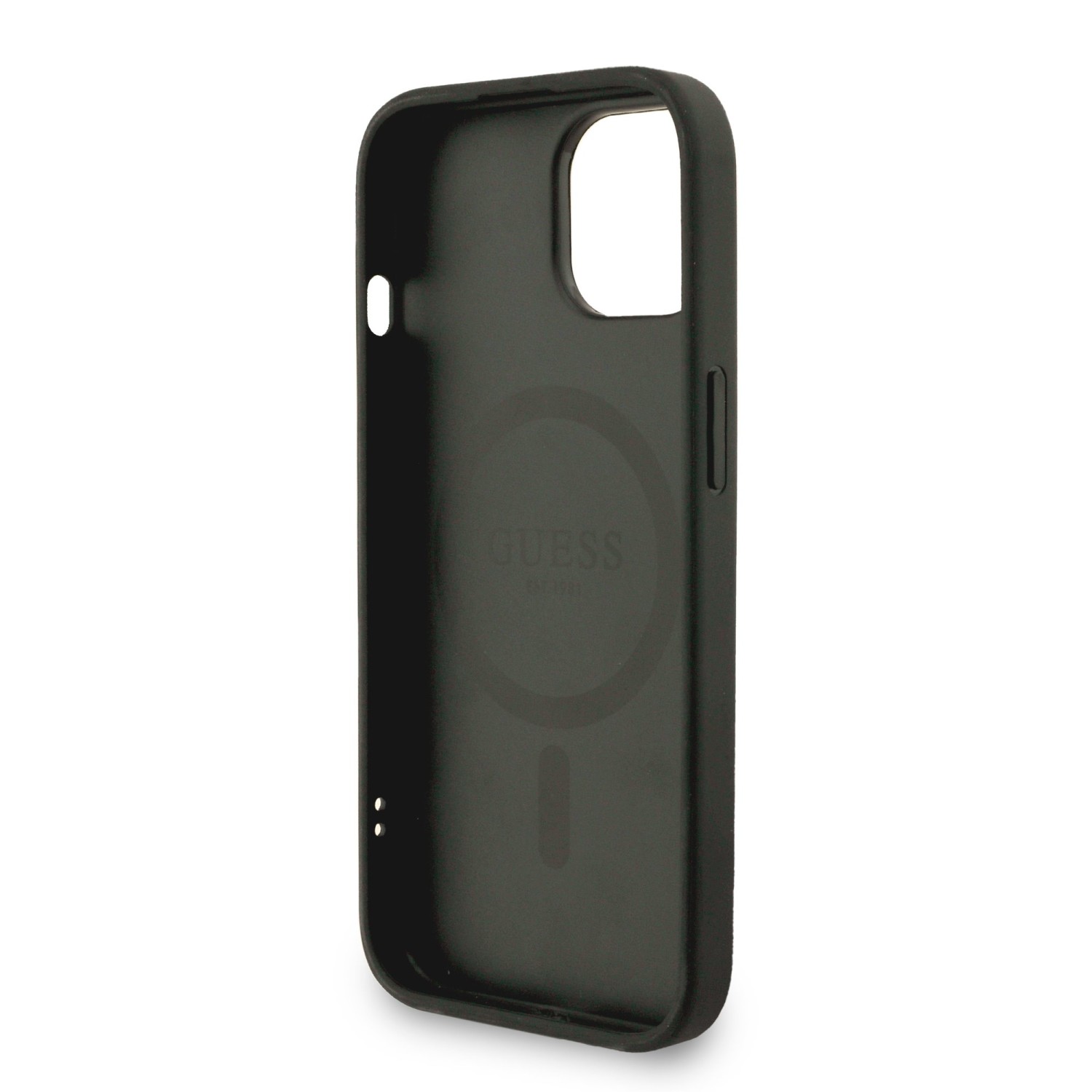Guess PU Leather 4G Colored Ring Strap MagSafe Zadní Kryt pro iPhone 15 Black