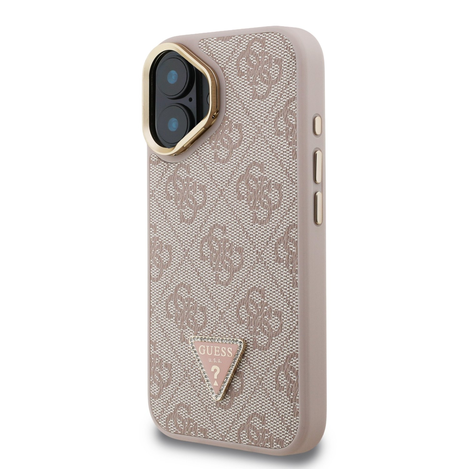 Guess PU 4G Strass Triangle Logo Stand Camera Frame MagSafe Zadní Kryt pro iPhone 16 Pink