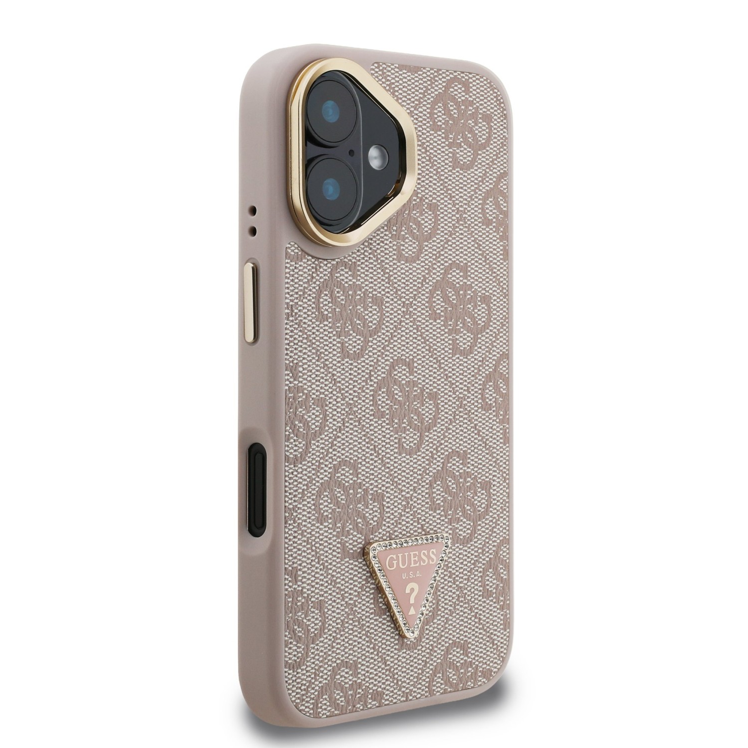 Guess PU 4G Strass Triangle Logo Stand Camera Frame MagSafe Zadní Kryt pro iPhone 16 Pink