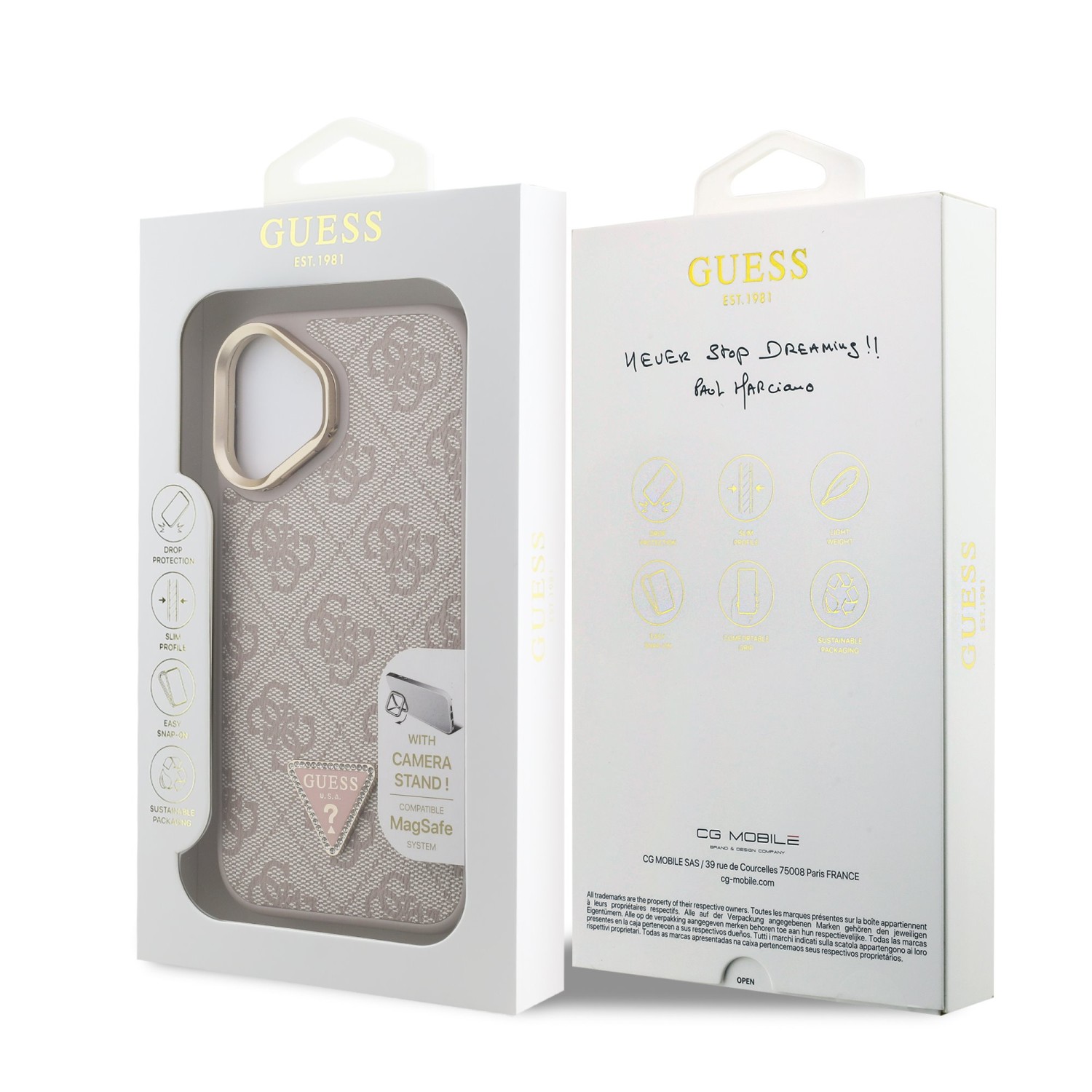 Guess PU 4G Strass Triangle Logo Stand Camera Frame MagSafe Zadní Kryt pro iPhone 16 Pink