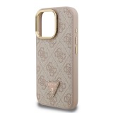 Guess PU 4G Strass Triangle Logo Stand Camera Frame MagSafe Zadní Kryt pro iPhone 15 Pro Max Pink