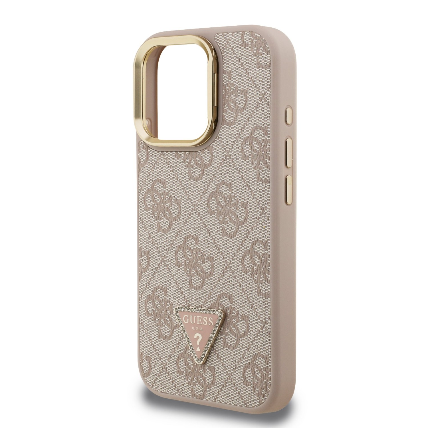 Guess PU 4G Strass Triangle Logo Stand Camera Frame MagSafe Zadní Kryt pro iPhone 15 Pro Max Pink