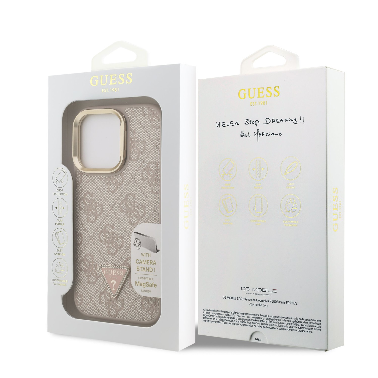 Guess PU 4G Strass Triangle Logo Stand Camera Frame MagSafe Zadní Kryt pro iPhone 15 Pro Max Pink