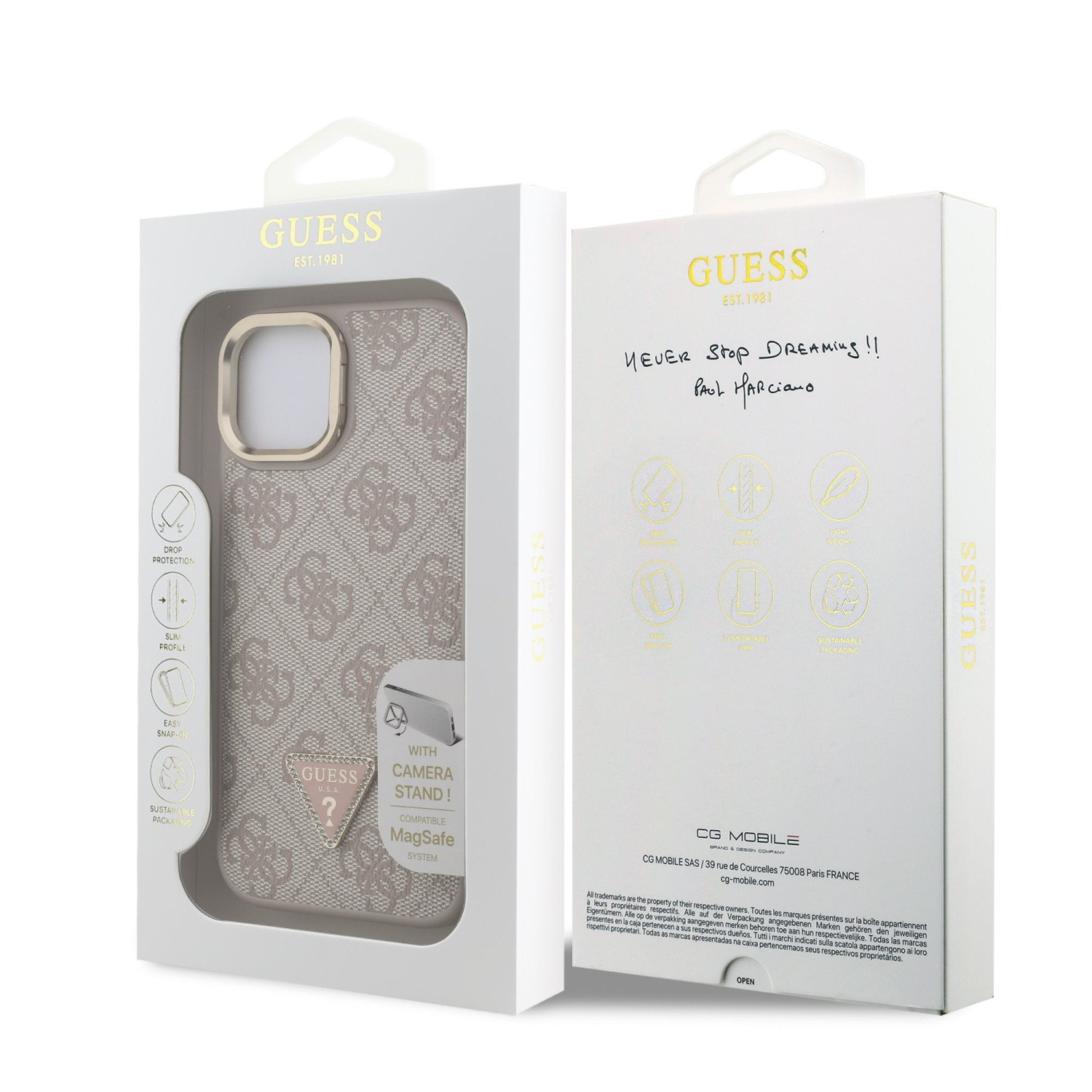 Guess PU 4G Strass Triangle Logo Stand Camera Frame MagSafe Zadní Kryt pro iPhone 15 Pink