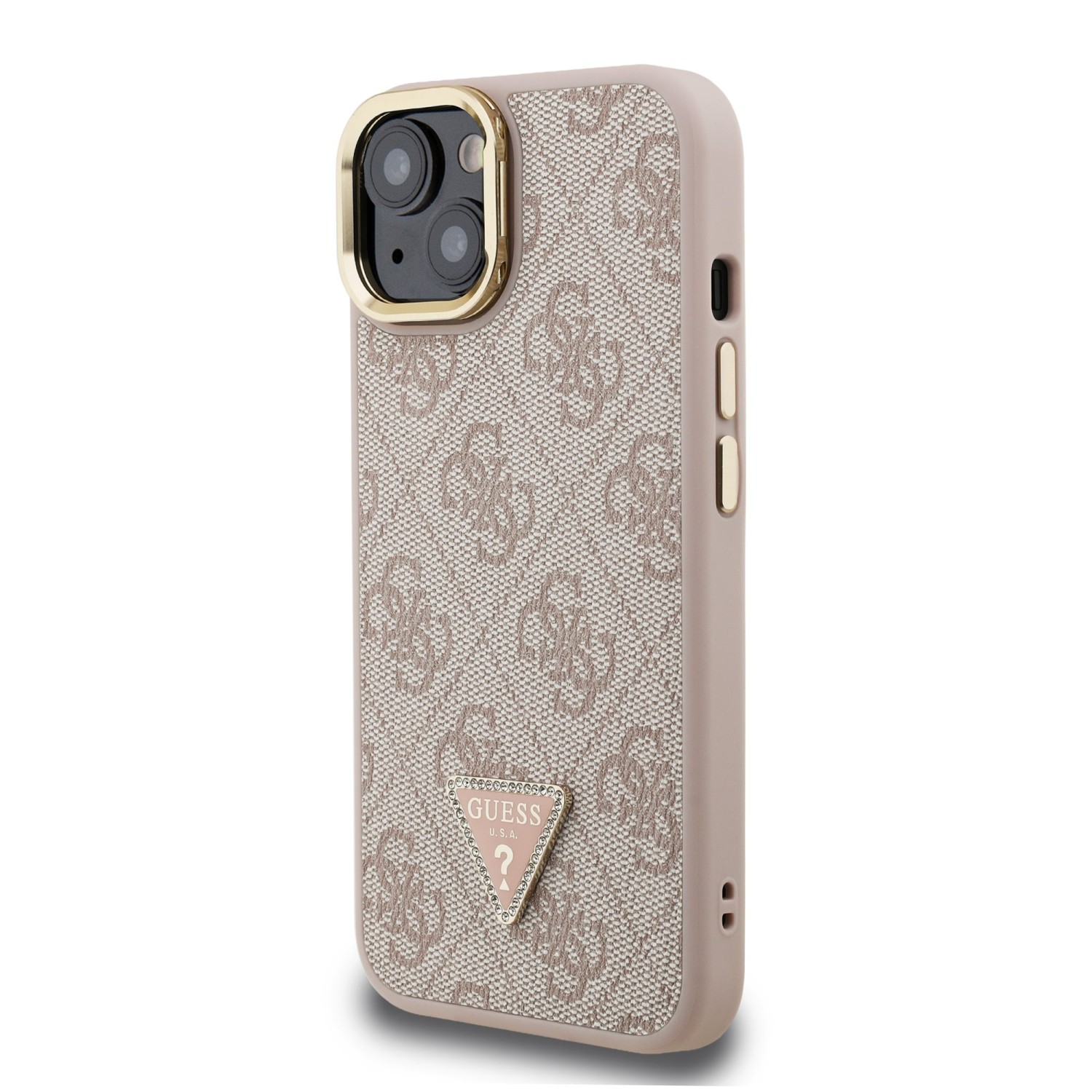 Guess PU 4G Strass Triangle Logo Stand Camera Frame MagSafe Zadní Kryt pro iPhone 13 Pink