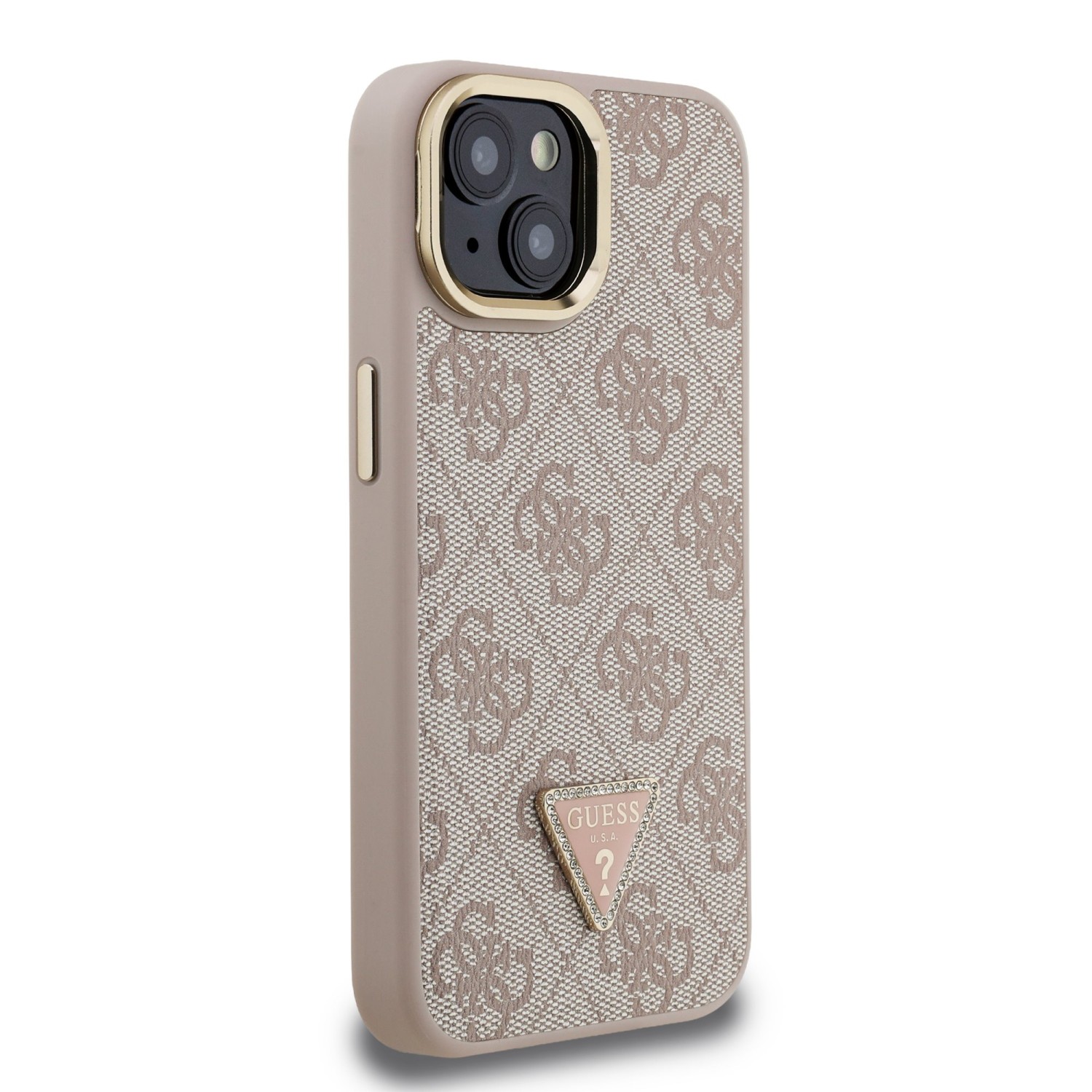 Guess PU 4G Strass Triangle Logo Stand Camera Frame MagSafe Zadní Kryt pro iPhone 13 Pink