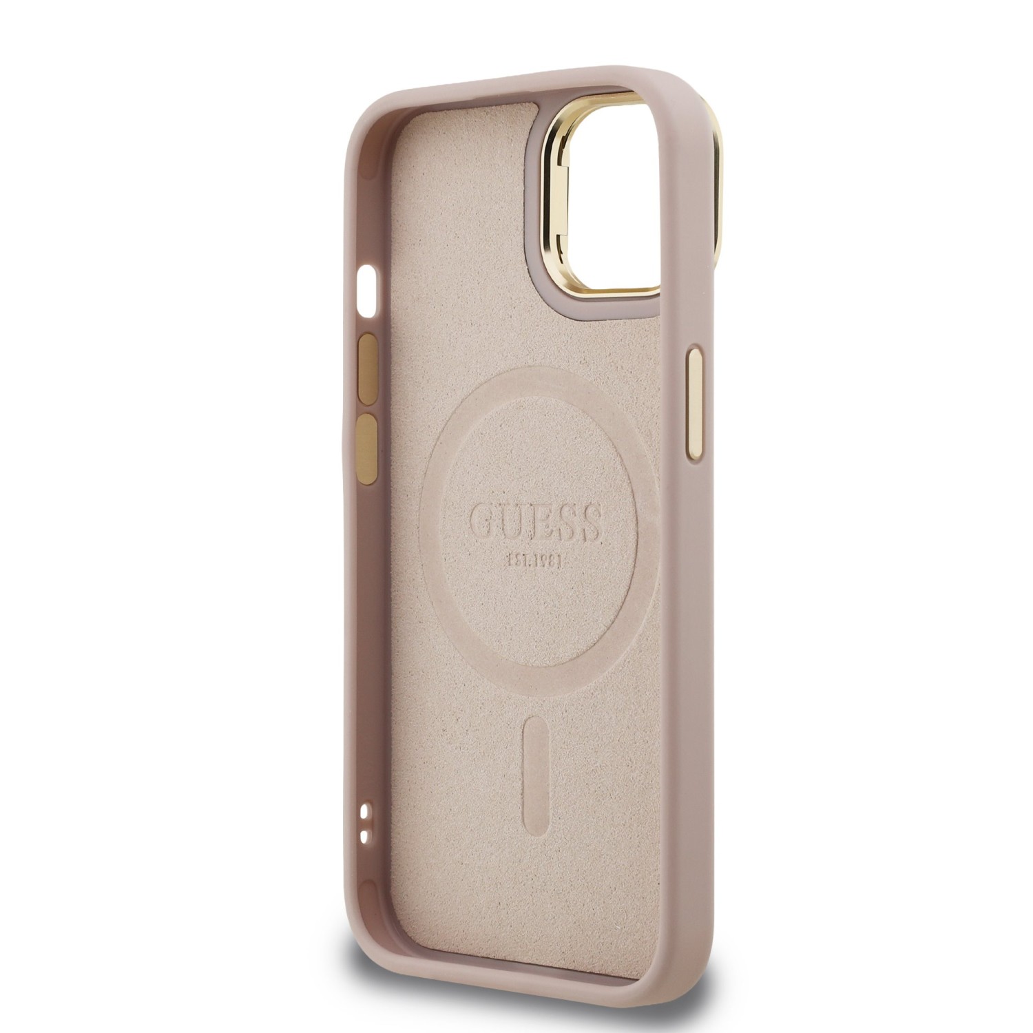 Guess PU 4G Strass Triangle Logo Stand Camera Frame MagSafe Zadní Kryt pro iPhone 13 Pink
