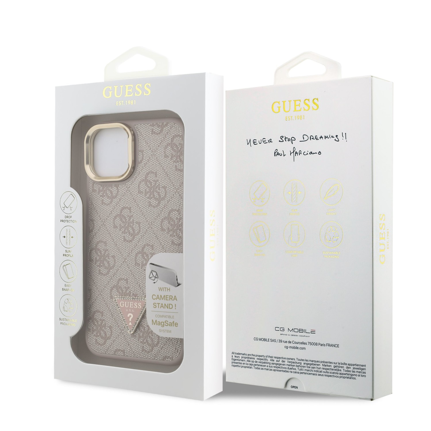 Guess PU 4G Strass Triangle Logo Stand Camera Frame MagSafe Zadní Kryt pro iPhone 13 Pink