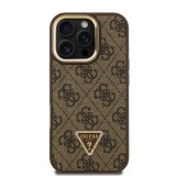 Guess PU 4G Strass Triangle Logo Stand Camera Frame MagSafe Zadní Kryt pro iPhone 16 Pro Max Brown