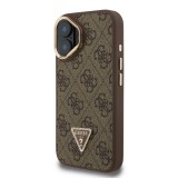 Guess PU 4G Strass Triangle Logo Stand Camera Frame MagSafe Zadní Kryt pro iPhone 16 Brown