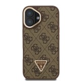 Guess PU 4G Strass Triangle Logo Stand Camera Frame MagSafe Zadní Kryt pro iPhone 16 Brown