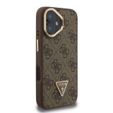 Guess PU 4G Strass Triangle Logo Stand Camera Frame MagSafe Zadní Kryt pro iPhone 16 Brown