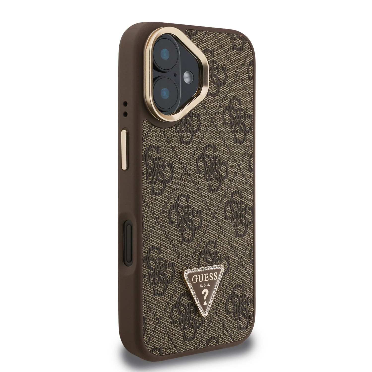 Guess PU 4G Strass Triangle Logo Stand Camera Frame MagSafe Zadní Kryt pro iPhone 16 Brown