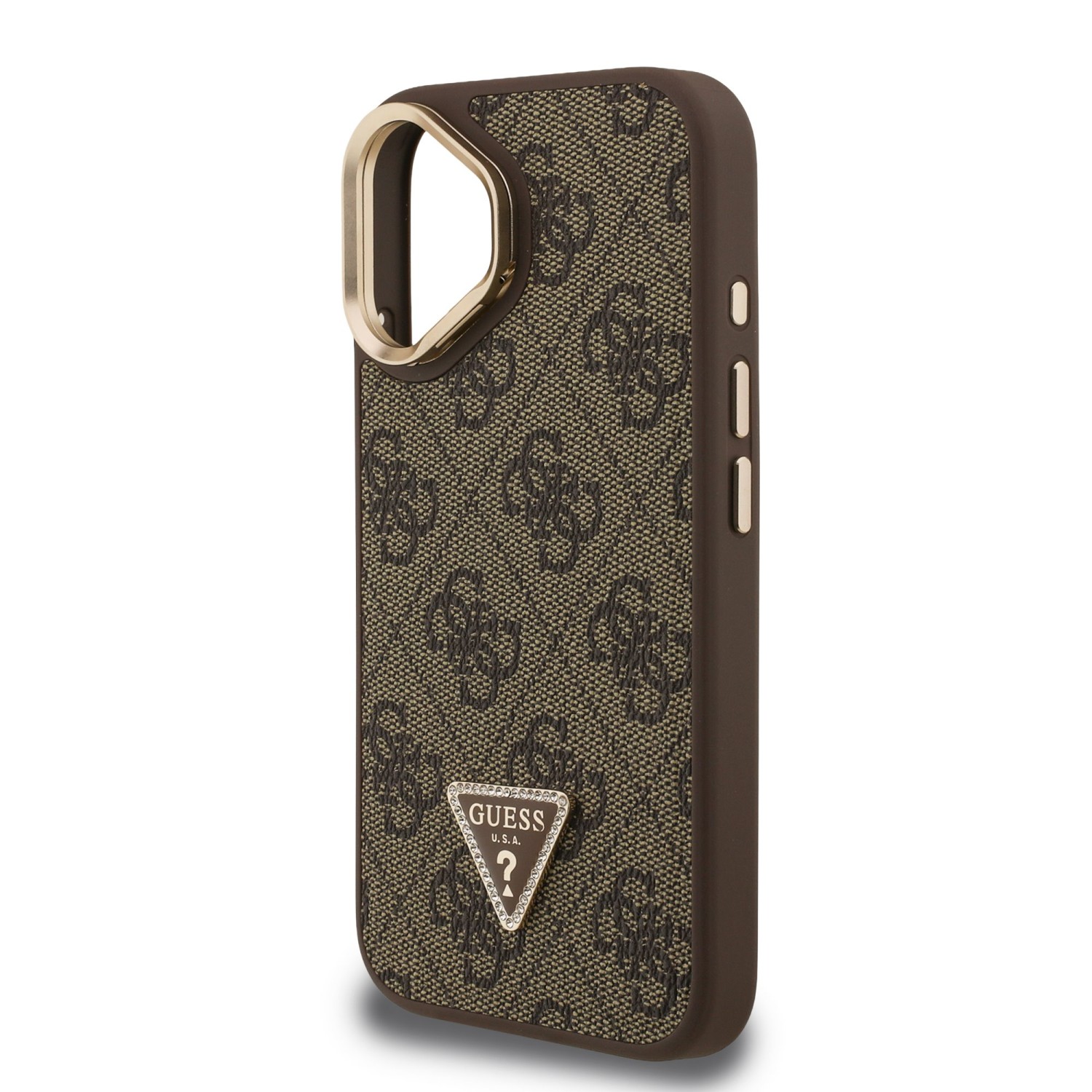 Guess PU 4G Strass Triangle Logo Stand Camera Frame MagSafe Zadní Kryt pro iPhone 16 Brown