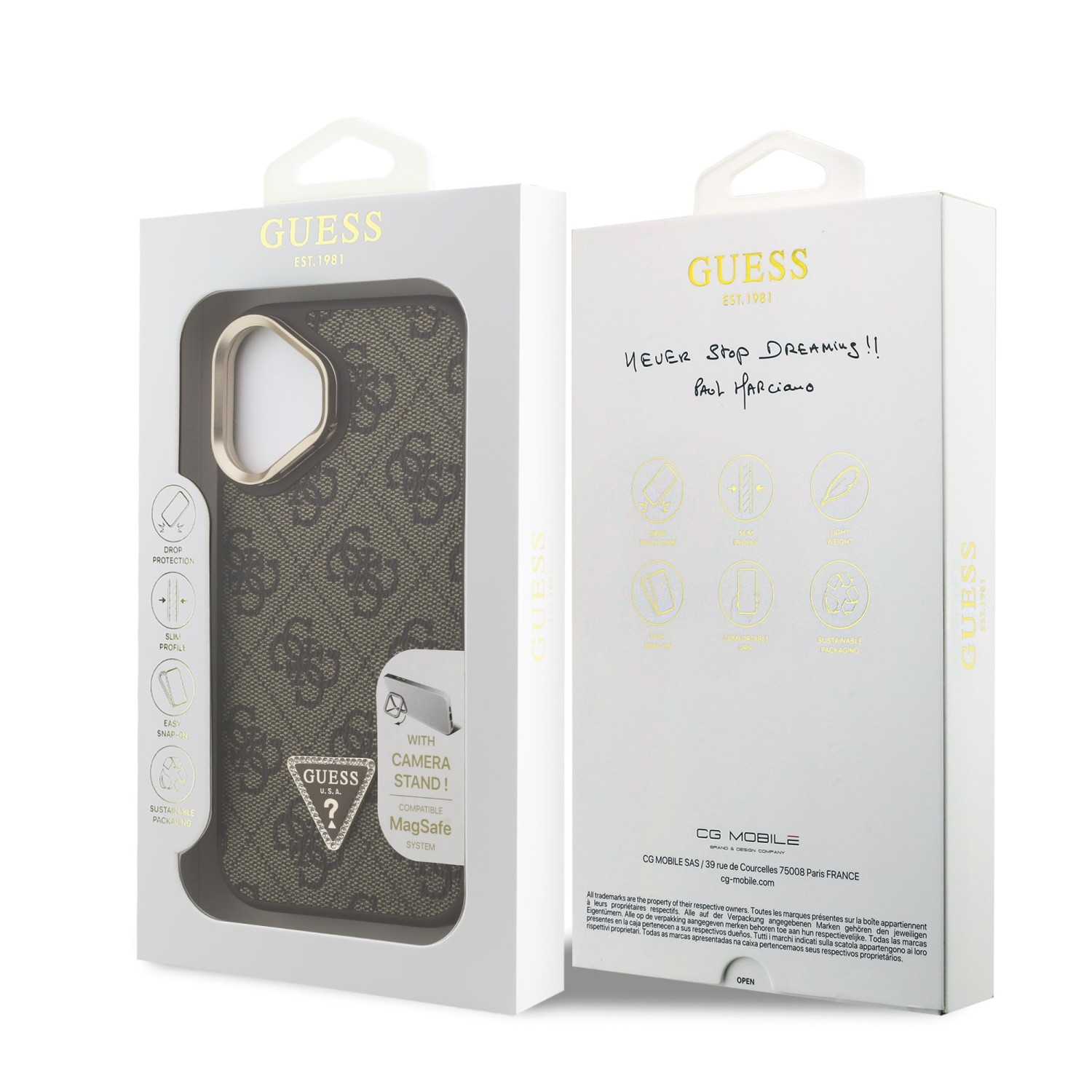 Guess PU 4G Strass Triangle Logo Stand Camera Frame MagSafe Zadní Kryt pro iPhone 16 Brown