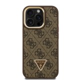 Guess PU 4G Strass Triangle Logo Stand Camera Frame MagSafe Zadní Kryt pro iPhone 15 Pro Max Brown