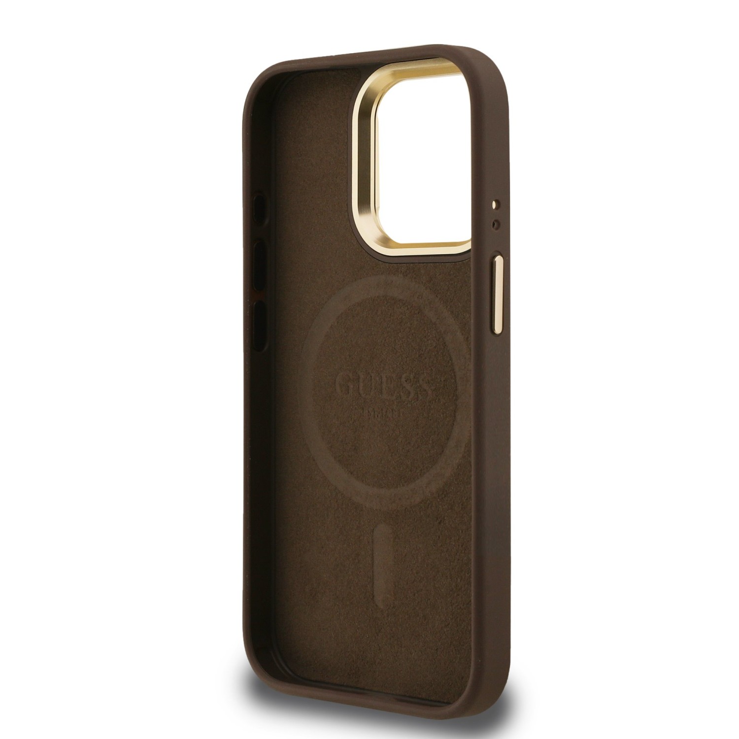 Guess PU 4G Strass Triangle Logo Stand Camera Frame MagSafe Zadní Kryt pro iPhone 15 Pro Max Brown