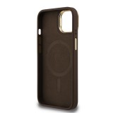 Guess PU 4G Strass Triangle Logo Stand Camera Frame MagSafe Zadní Kryt pro iPhone 15 Brown