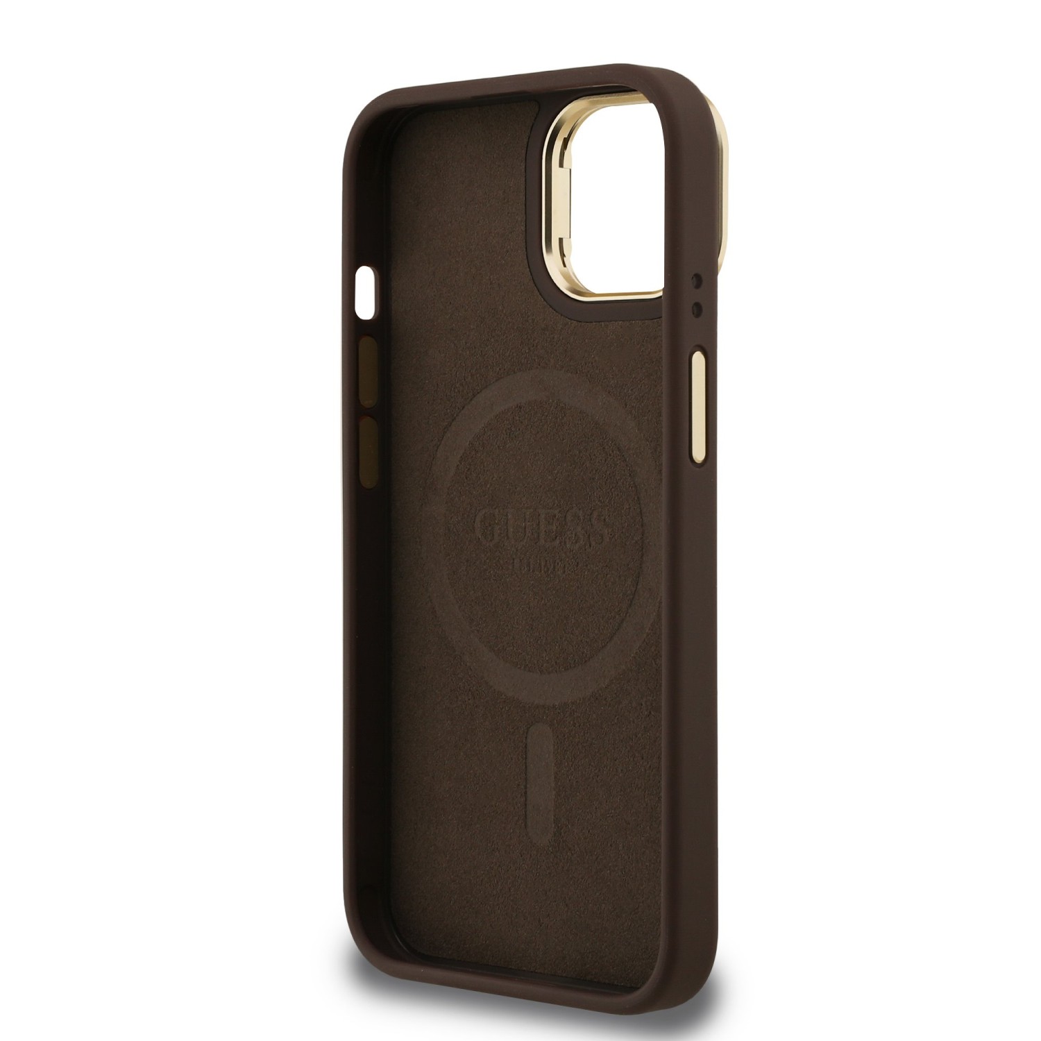 Guess PU 4G Strass Triangle Logo Stand Camera Frame MagSafe Zadní Kryt pro iPhone 15 Brown