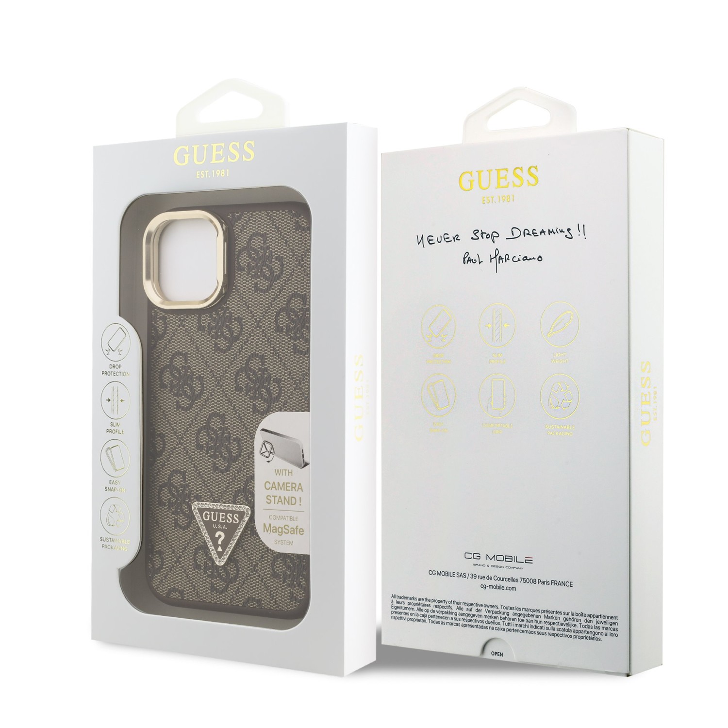 Guess PU 4G Strass Triangle Logo Stand Camera Frame MagSafe Zadní Kryt pro iPhone 15 Brown
