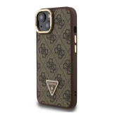 Guess PU 4G Strass Triangle Logo Stand Camera Frame MagSafe Zadní Kryt pro iPhone 13 Brown