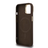 Guess PU 4G Strass Triangle Logo Stand Camera Frame MagSafe Zadní Kryt pro iPhone 13 Brown