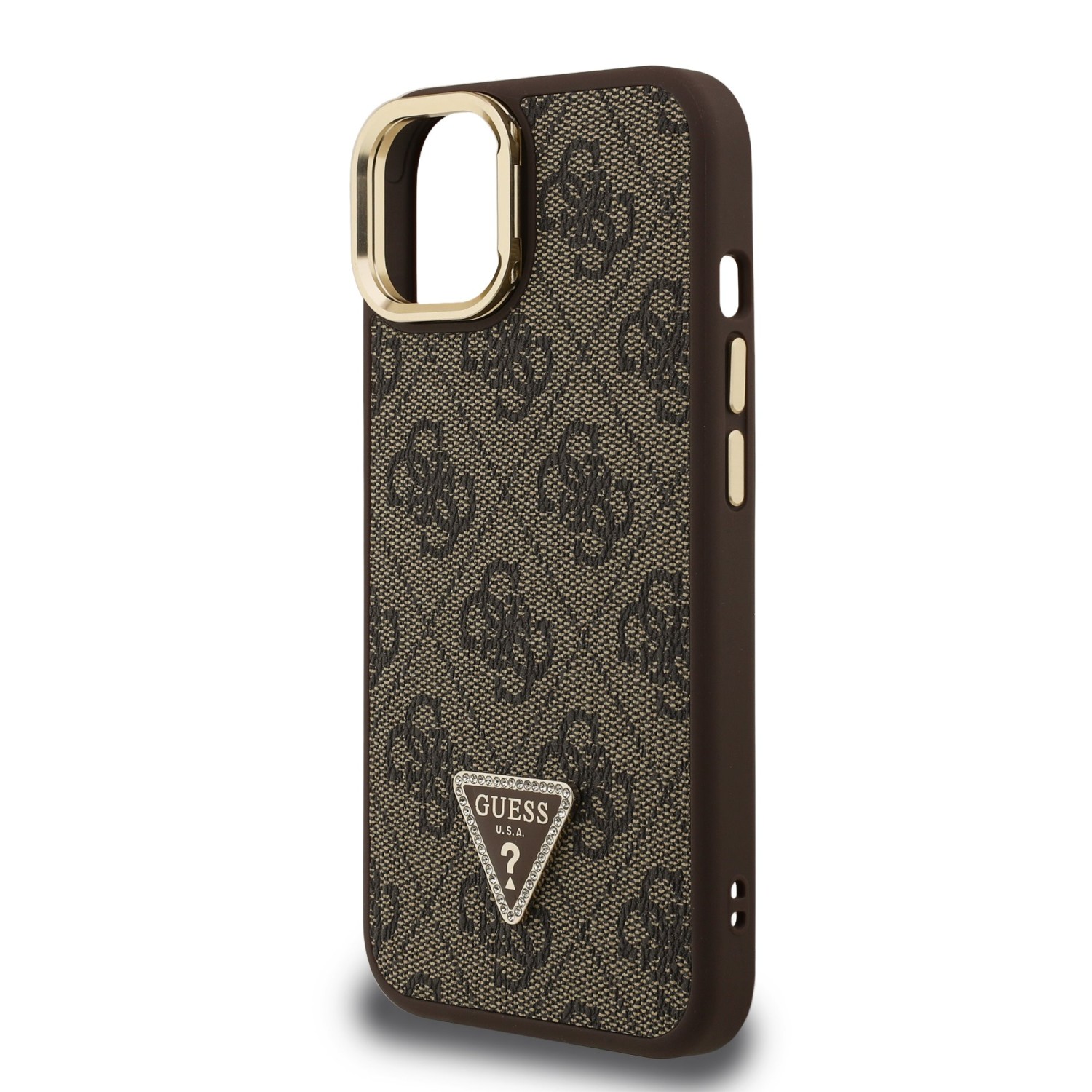 Guess PU 4G Strass Triangle Logo Stand Camera Frame MagSafe Zadní Kryt pro iPhone 13 Brown