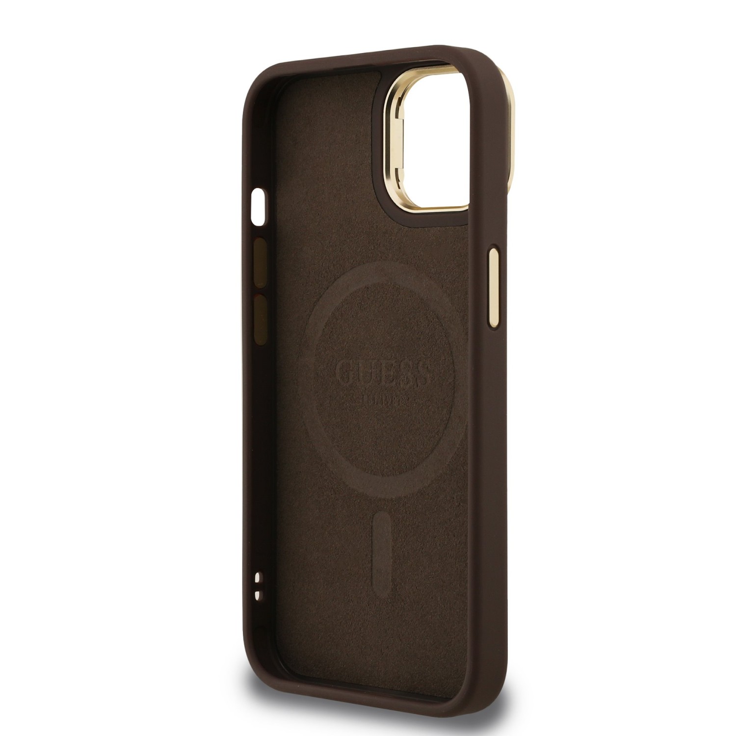Guess PU 4G Strass Triangle Logo Stand Camera Frame MagSafe Zadní Kryt pro iPhone 13 Brown