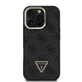 Guess PU 4G Strass Triangle Logo Stand Camera Frame MagSafe Zadní Kryt pro iPhone 16 Pro Max Black