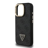 Guess PU 4G Strass Triangle Logo Stand Camera Frame MagSafe Zadní Kryt pro iPhone 16 Pro Max Black