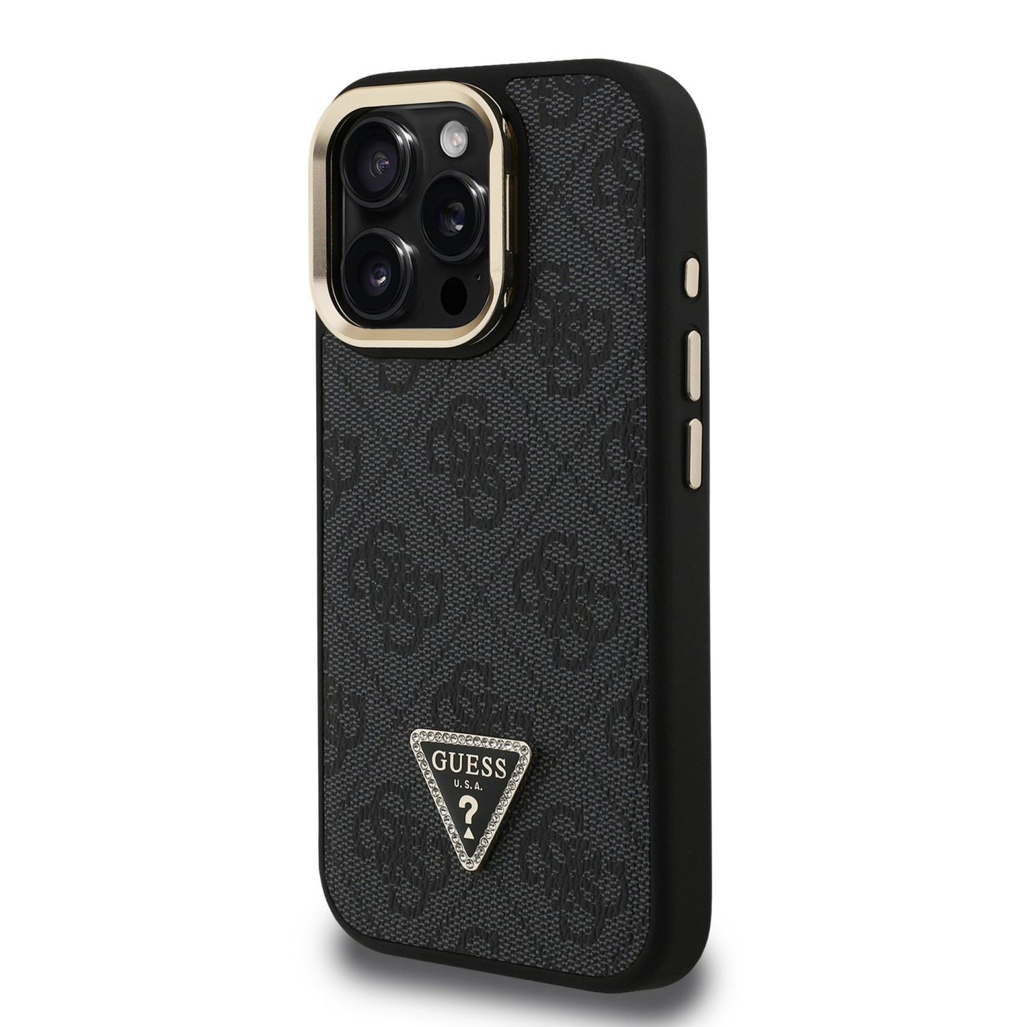 Guess PU 4G Strass Triangle Logo Stand Camera Frame MagSafe Zadní Kryt pro iPhone 16 Pro Max Black
