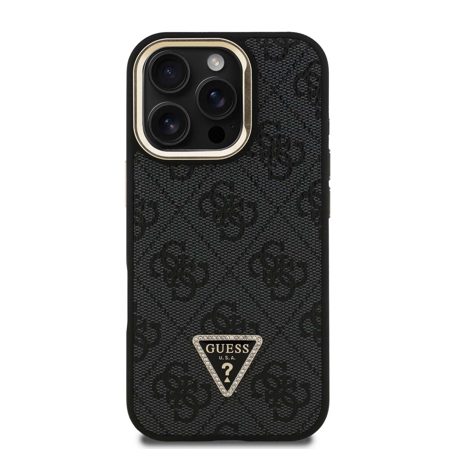 Guess PU 4G Strass Triangle Logo Stand Camera Frame MagSafe Zadní Kryt pro iPhone 16 Pro Max Black