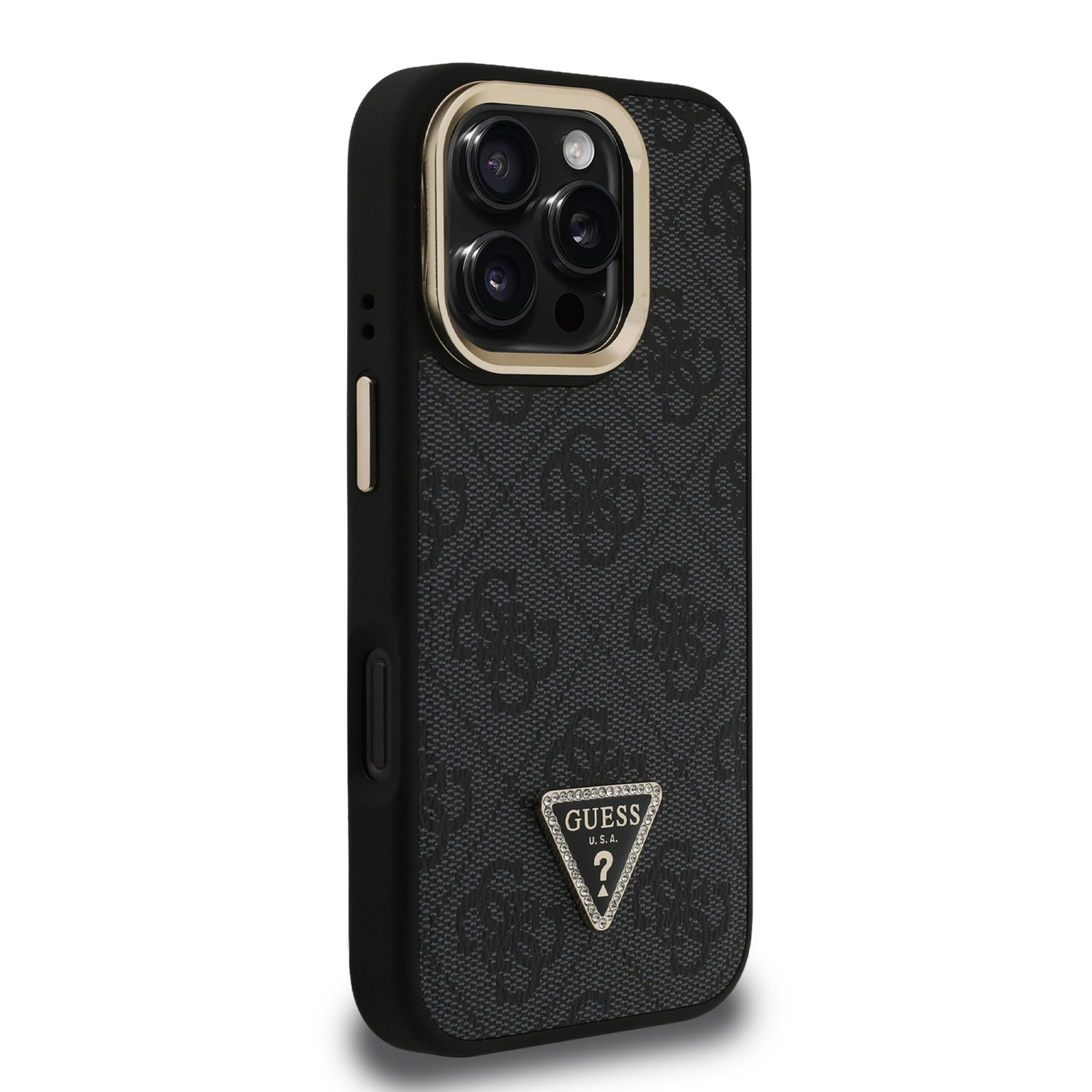 Guess PU 4G Strass Triangle Logo Stand Camera Frame MagSafe Zadní Kryt pro iPhone 16 Pro Max Black