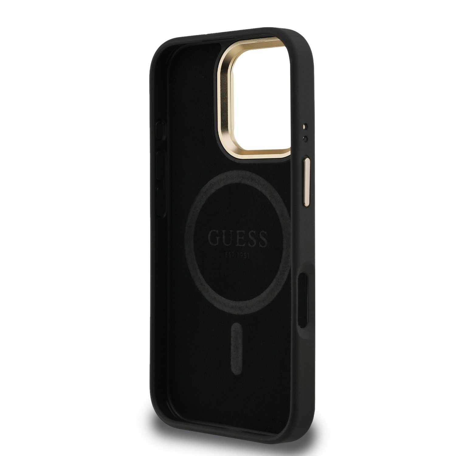 Guess PU 4G Strass Triangle Logo Stand Camera Frame MagSafe Zadní Kryt pro iPhone 16 Pro Max Black