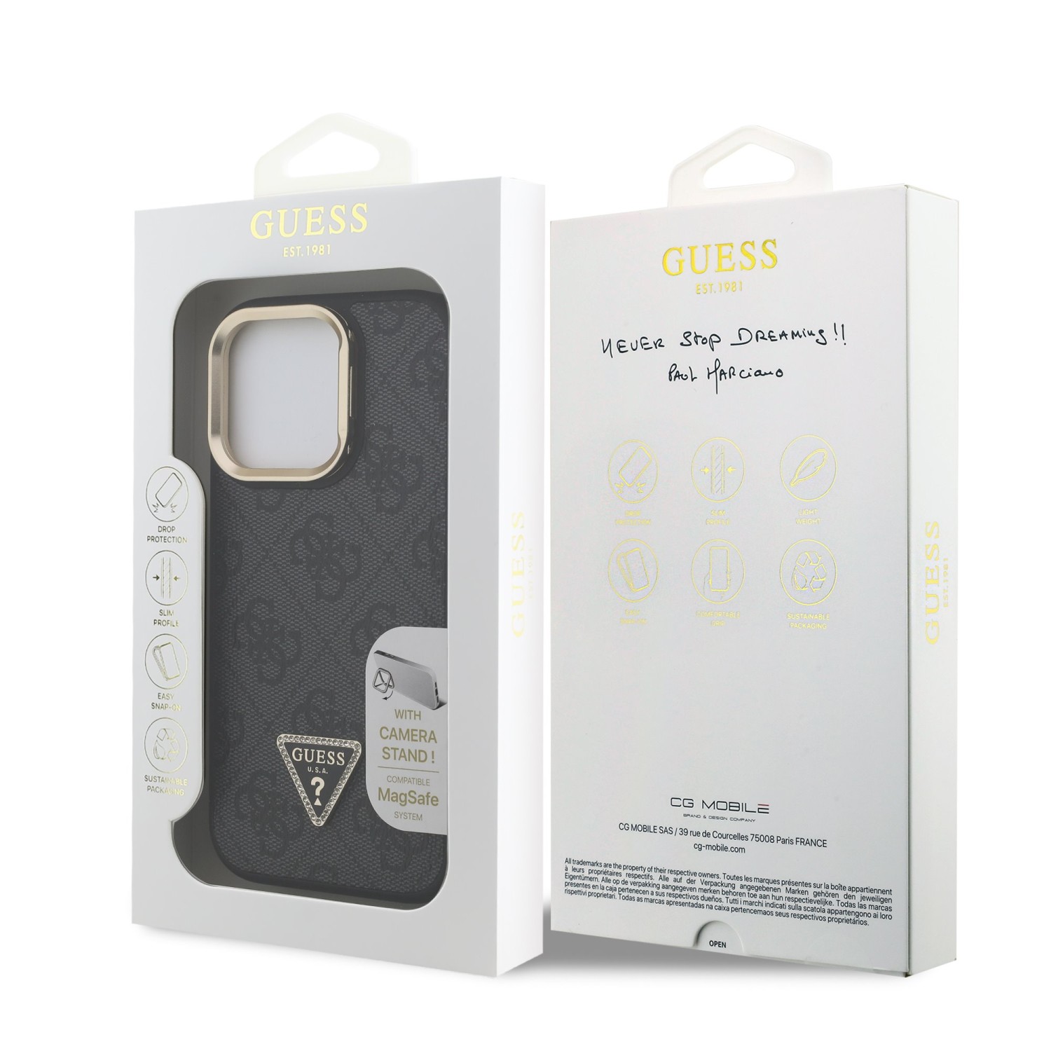 Guess PU 4G Strass Triangle Logo Stand Camera Frame MagSafe Zadní Kryt pro iPhone 16 Pro Max Black