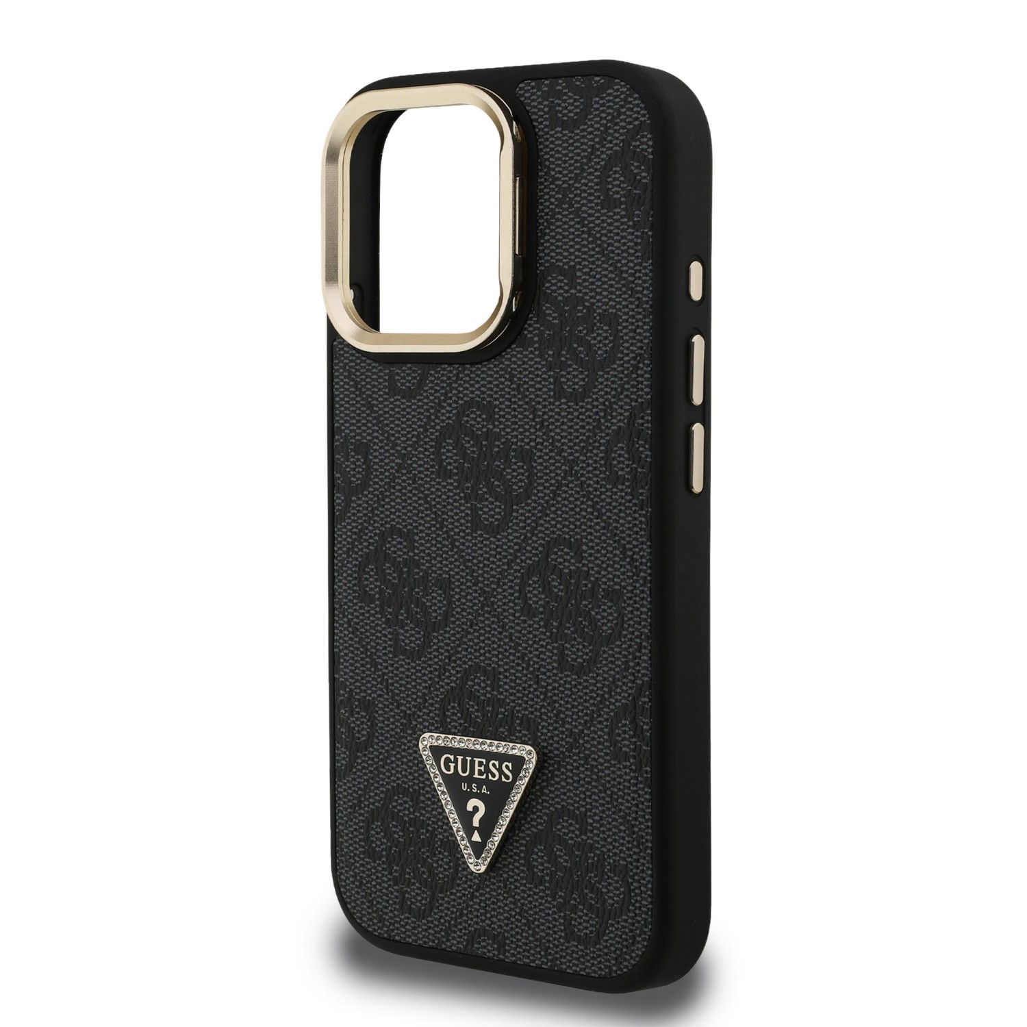 Guess PU 4G Strass Triangle Logo Stand Camera Frame MagSafe Zadní Kryt pro iPhone 16 Pro Black