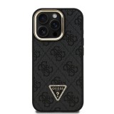 Guess PU 4G Strass Triangle Logo Stand Camera Frame MagSafe Zadní Kryt pro iPhone 15 Pro Black