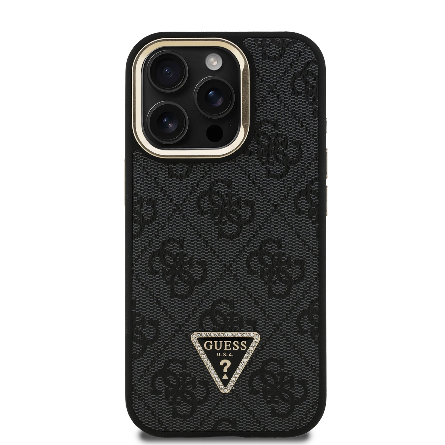 Guess PU 4G Strass Triangle Logo Stand Camera Frame MagSafe Zadní Kryt pro iPhone 15 Pro Black