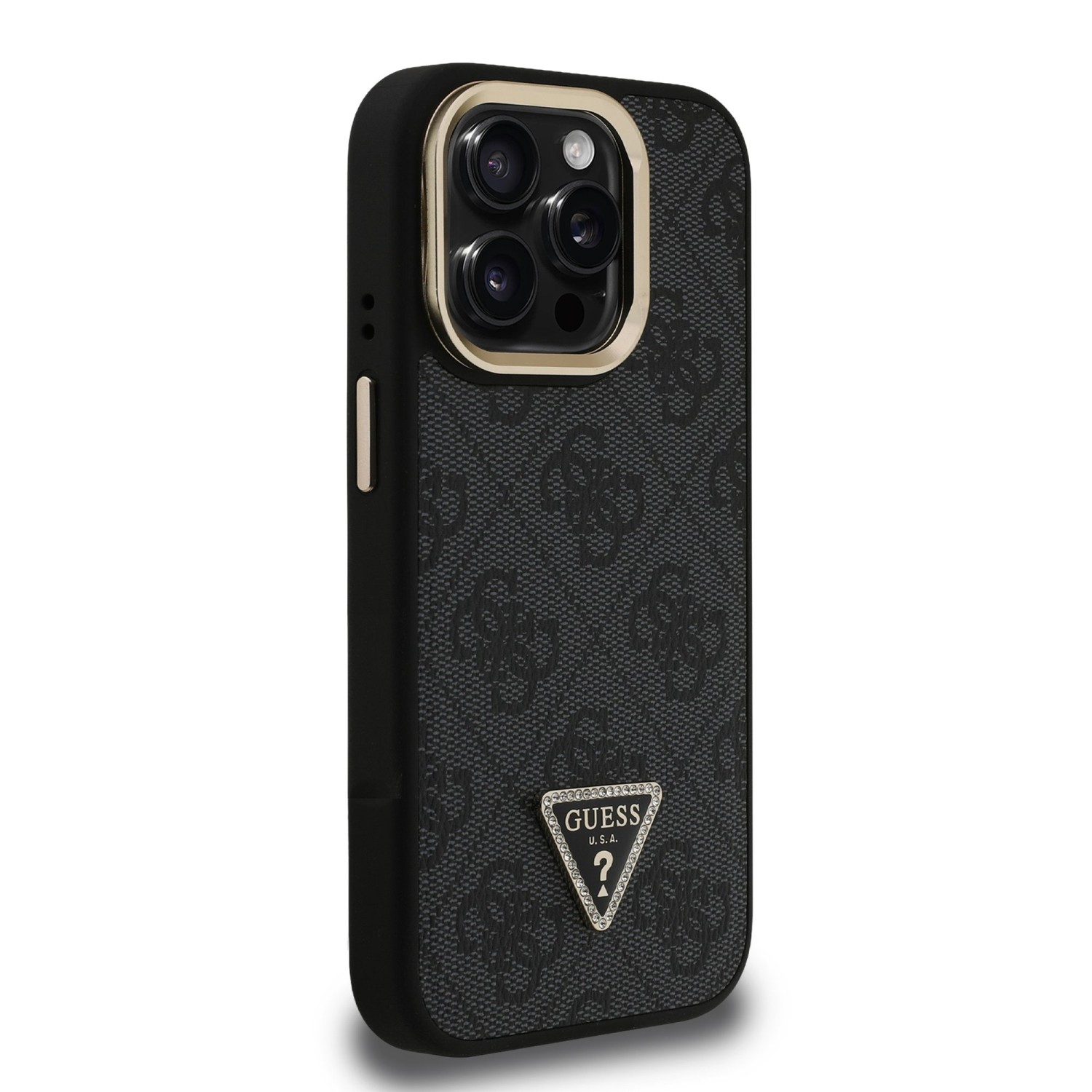 Guess PU 4G Strass Triangle Logo Stand Camera Frame MagSafe Zadní Kryt pro iPhone 15 Pro Black