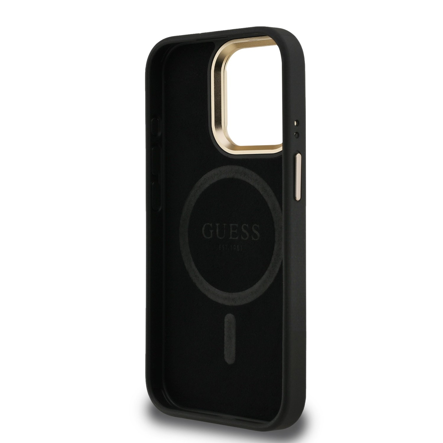 Guess PU 4G Strass Triangle Logo Stand Camera Frame MagSafe Zadní Kryt pro iPhone 15 Pro Black